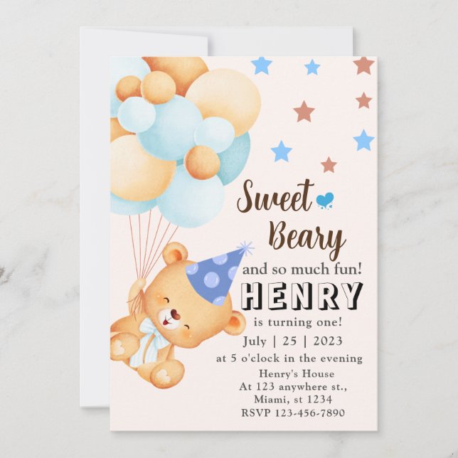 Blue Brown Sweet Bear mit Balloons Boy's Birthday Einladung (Vorderseite)
