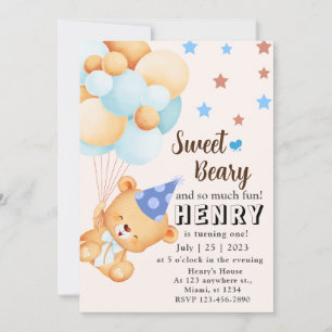 Blue Brown Sweet Bear mit Balloons Boy's Birthday Einladung