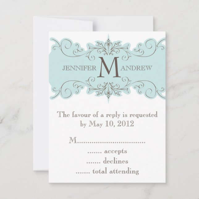 Blue Brown Swirl Monogram Wedding RSVP Cards (Vorderseite)