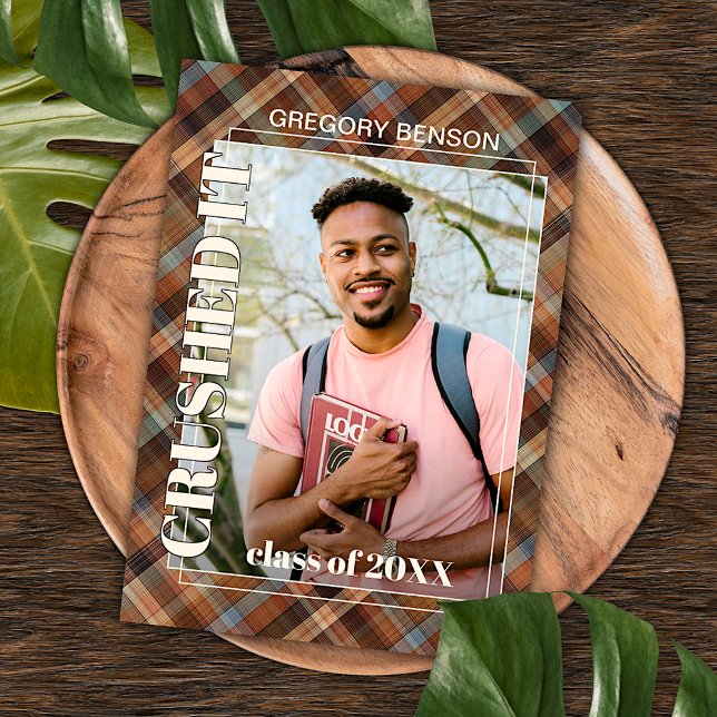 Blue Brown Tartan Karierter Abschluss Ankündigung Postkarte (Von Creator hochgeladen)