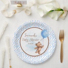 Blue Brown Teddy Bear Baby Shower Paper Plate Pappteller