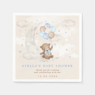 Blue Brown Teddy Bear Balloons Moon Stars Baby Boy Serviette