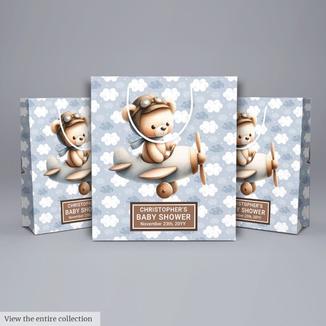 Blue Brown Watercolor Bear Baby Dusche Beutel Mittlere Geschenktüte (Blue Brown Watercolor Bear Baby Shower Favor Bag)