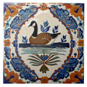 Blue Brown White Goose European Folk Bird Art Fliese