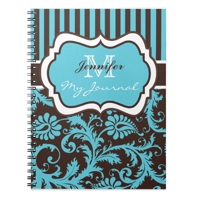 Blue Brown White Strip Damask Journal-Notebook Notizblock (Vorderseite)