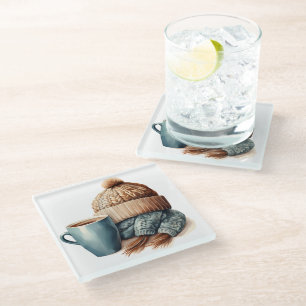 BLUE & BROWN WINTERKAFFEE CUP & KNITTED HAT GLASUNTERSETZER