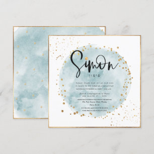 Blue Brushed Watercolor Gold Confetti Bar Mitzvah Einladung