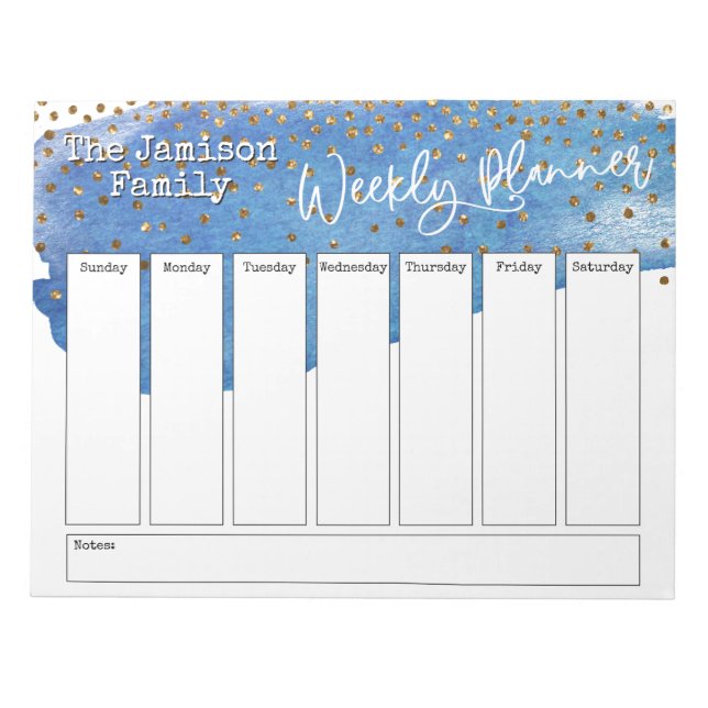 Blue Brushstroke Gold Confetti Weekly Planner Notizblock (Vorderseite)