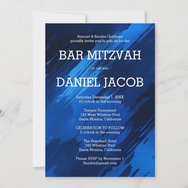 Blue Brushstrokes Custom BAR BAT MITZVAH Einladung (Vorderseite)