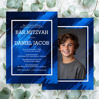 Blue Brushstrokes Custom Foto BAR BAT MITZVAH Einladung