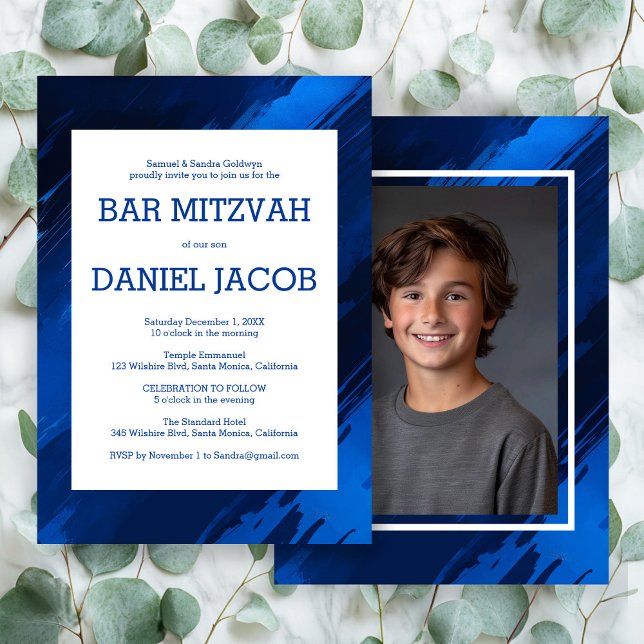 Blue Brushstrokes Custom Foto BAR BAT MITZVAH Einladung (Blue Brushstrokes Custom Photo BAR BAT MITZVAH Invitation
)