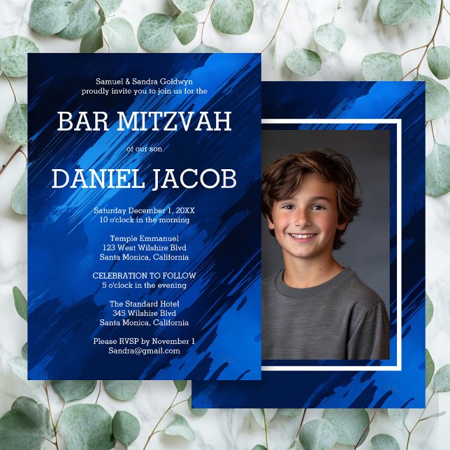Blue Brushstrokes Custom Foto BAR BAT MITZVAH Einladung (Blue Brushstrokes Custom Photo BAR BAT MITZVAH Invitation
)