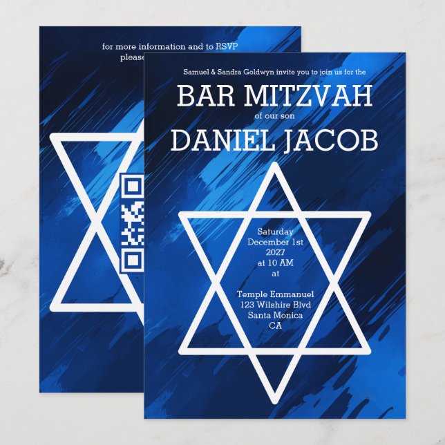 Blue Brushstrokes Star QR Custom BAR BAT MITZVAH Einladung (Vorne/Hinten)