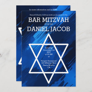 Blue Brushstrokes Star QR Custom BAR BAT MITZVAH Einladung