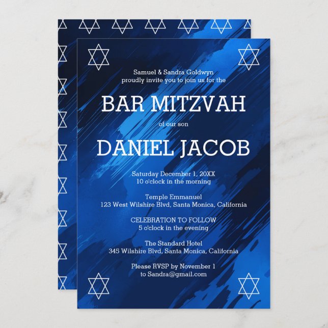 Blue Brushstrokes Stars Custom BAR BAT MITZVAH Einladung (Vorne/Hinten)