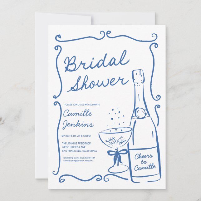 Blue Bubbly Brautparty Champagner Brunch Einladung (Vorderseite)