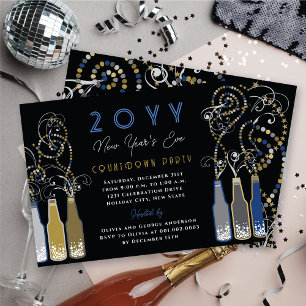 Blue Bubbly Flaschen Wirbel Silvester Party Einladung