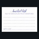 Blue Bucket List Ideen für Hochzeitsratgeber Karte<br><div class="desc">Diese zauberhaften Eimerkarten sind eine perfekte Alternative zu einem traditionellen Gästebuch. Sie werden alle Gäste über die besten Ideen für die Neuvermählten sprechen. Diese Karten enthalten die navy blauen Wörter "Eimerliste Hilfe uns ein Leben lang Abenteuer zu planen" und enthalten Platz für ihren Namen. Teil der Sammlung Alejandra.</div>