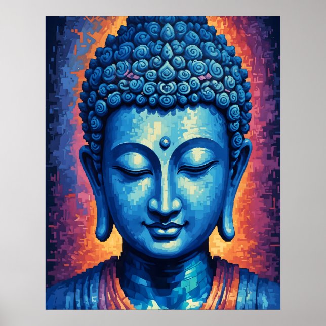 Blue Buddha Modernes Abstrakt Pixel Art Poster (Vorne)