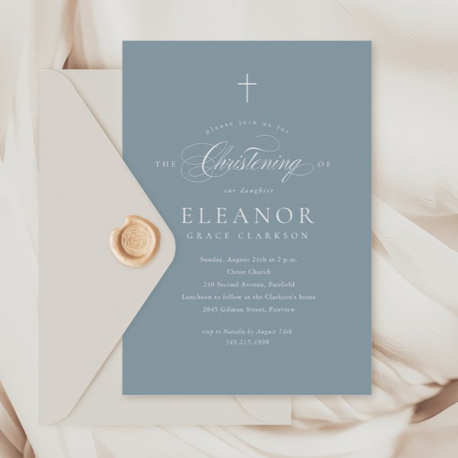 Blue Budget Elegance Cross Calligraphy Christening Einladung (Von Creator hochgeladen)