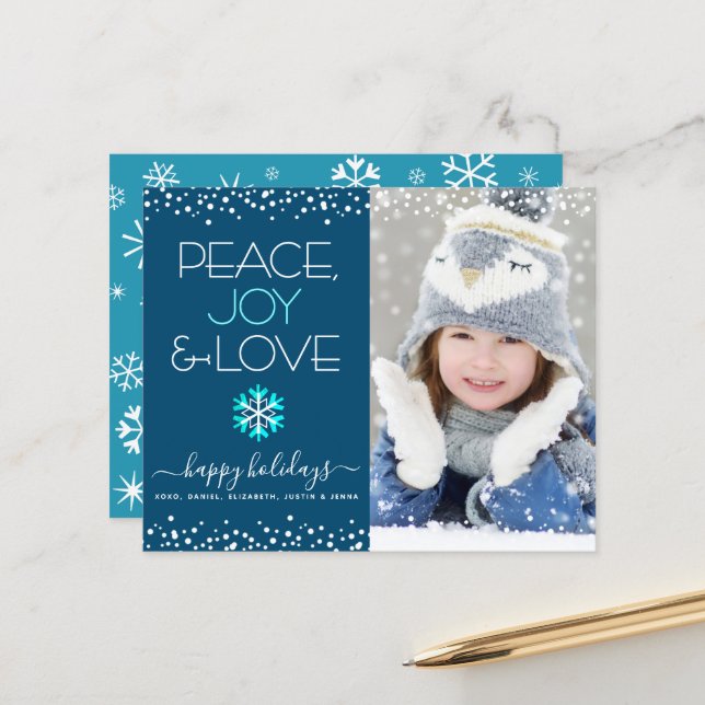 Blue Budget Holiday Peace Joy Liebe Foto Bold Card (Vorderseite/Rückseite Beispiel)