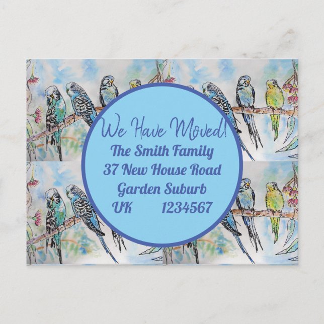 Blue Budgie Art neue Adresse Postcard Wir ziehen Postkarte (Vorderseite)