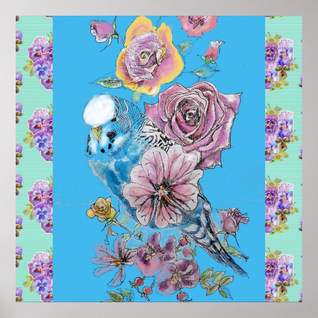 Blue Budgie Bird Rose Blume Malerei Aqua Poster (Vorne)