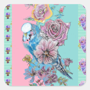 Blue Budgie Bird Rose Blume Malerei Aqua Quadratischer Aufkleber