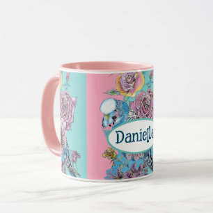 Blue Budgie Bird Rose Floral Pink Aqua Girls Name Tasse