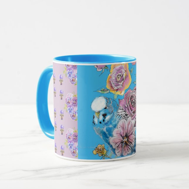 Blue Budgie Blumenstrauß Damen Tasse (Vorderseite Links)
