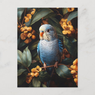 Blue Budgie Budgerigar Gelbe Blumen Postkarte