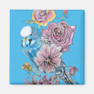 Blue Budgie Budgerigar Rose Wasserfarbene Kunst Magnet