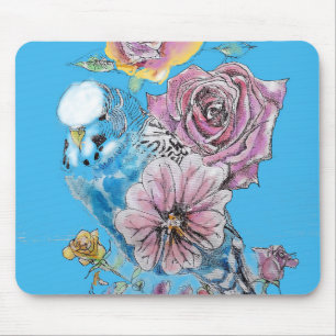 Blue Budgie Budgerigar Rose Wasserfarbene Kunst Mousepad
