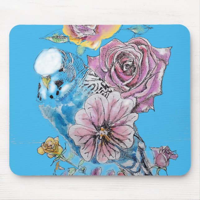 Blue Budgie Budgerigar Rose Wasserfarbene Kunst Mousepad (Vorne)