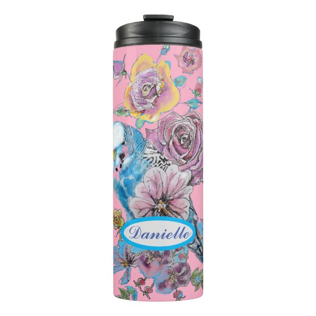 Blue Budgie Budgerigar Rose Wasserfarbene Kunst Thermosbecher (Vorderseite)