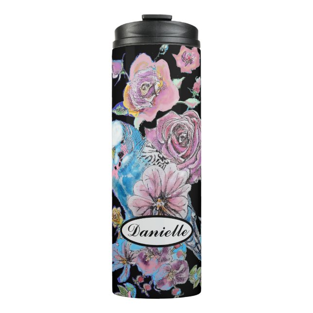 Blue Budgie Budgerigar Rose Wasserfarbene Kunst Thermosbecher (Vorderseite)