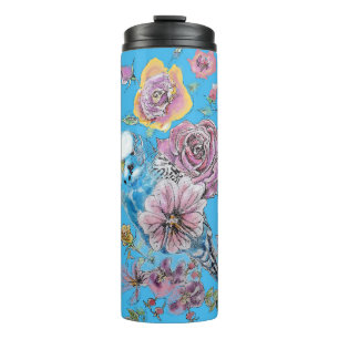 Blue Budgie Budgerigar Rose Wasserfarbene Kunst Thermosbecher