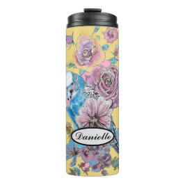 Blue Budgie Budgerigar Rose Wasserfarbene Kunst Thermosbecher