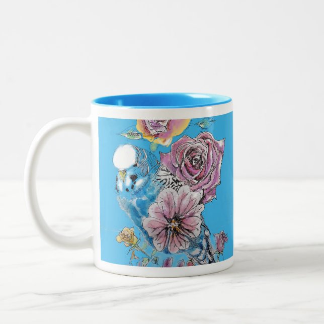 Blue Budgie Budgerigar Rose Wasserfarbene Kunst  Zweifarbige Tasse (Links)