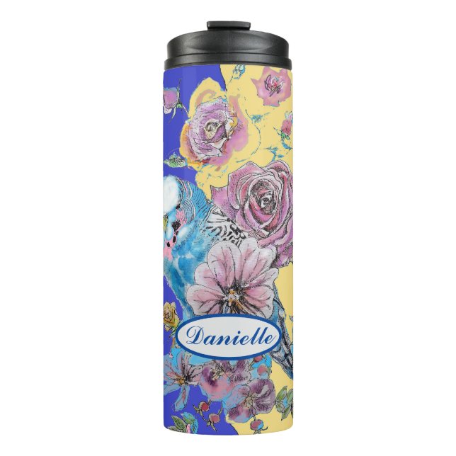 Blue Budgie Budgerigar Rose Wasserfarbenflorale Ma Thermosbecher (Vorderseite)
