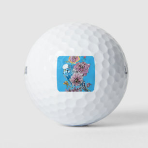 Blue Budgie Budgerigar Rose Watercolor floral art Golfball
