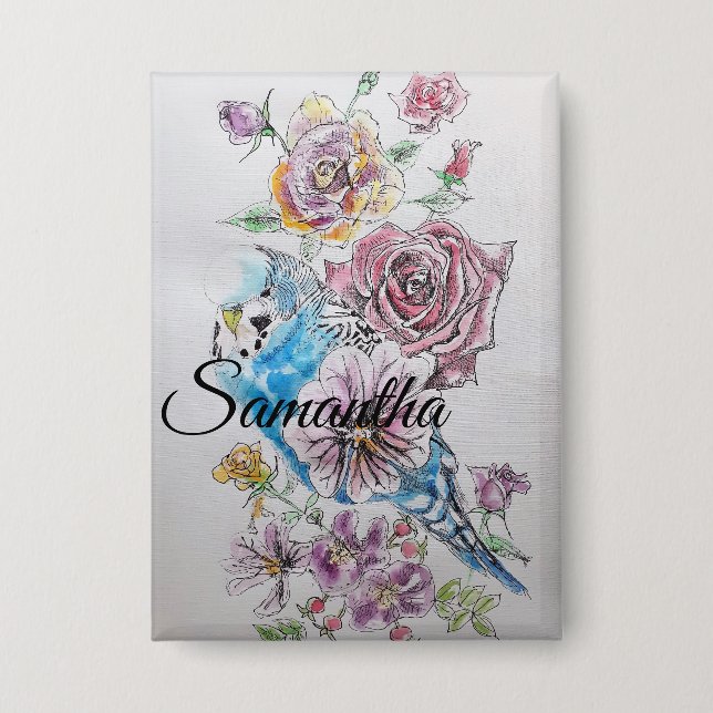 Blue Budgie Budgie Rose Blume Blumenstrauß Button (Vorderseite)