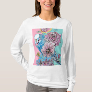Blue Budgie Budgie Rose Blume Blumenstrauß T-Shirt