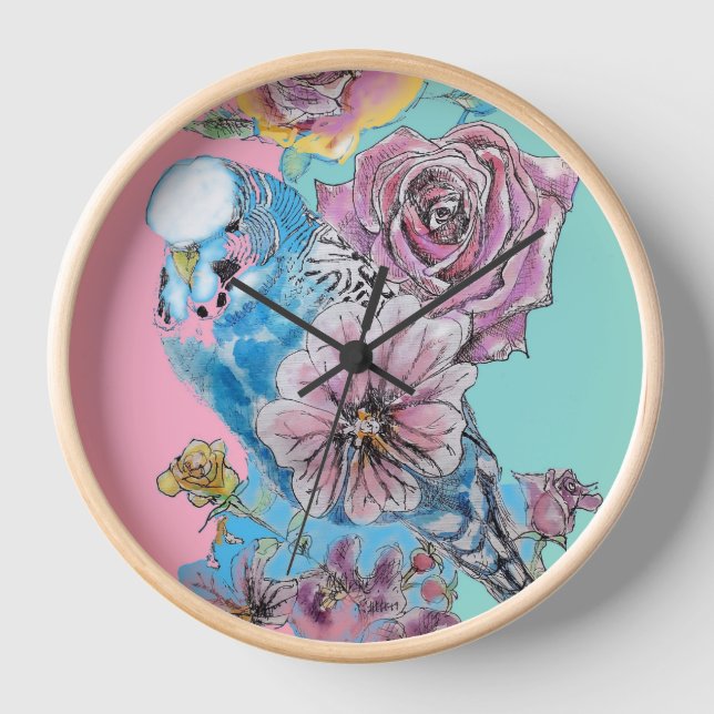 Blue Budgie Budgie Rose Blume Blumenstrauß Uhr (Vorderseite)