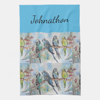 Blue Budgie Budgies Art Watercolor Birds Mens Name Geschirrtuch