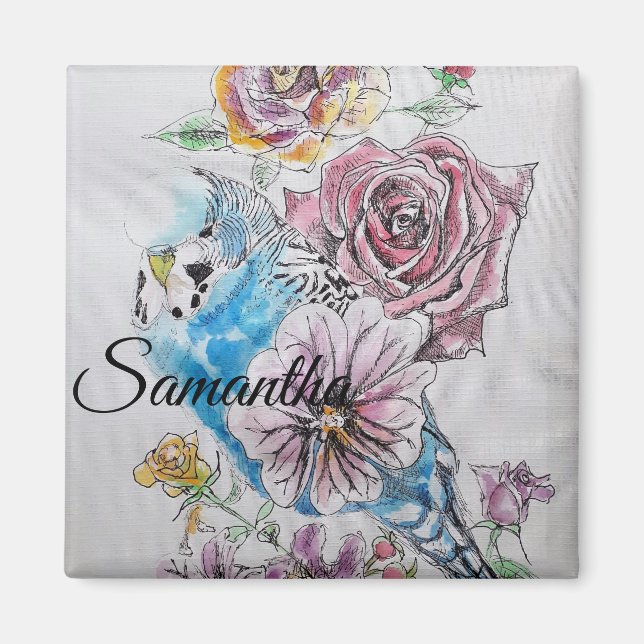 Blue Budgie Budgies Rose Blume Blumenstrauß Magnet (Vorne)