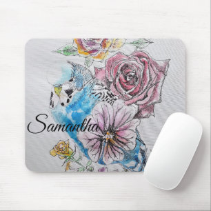Blue Budgie Budgies Rose Blume Blumenstrauß Mousepad