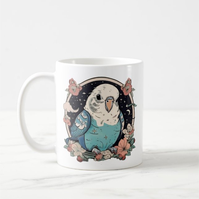 Blue Budgie Floral Print Tasse | Elegant Bird Love (Links)