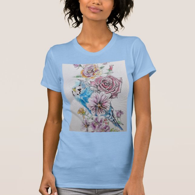 Blue Budgie mit Rose Wasserfarbene Frauen im Shirt (Vorderseite)