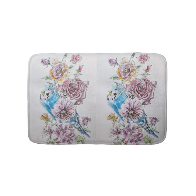 Blue Budgie & Rose Blume Bath Mat Badematte (Vorderseite)